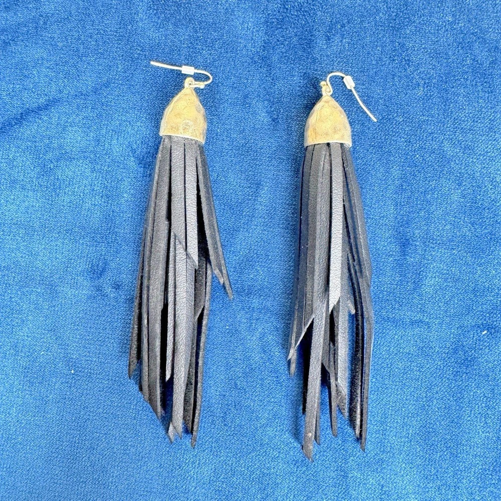 Black‎ Faux Leather Tassel Dangle Earrings Gold Tone Hook Fringe Western Boho